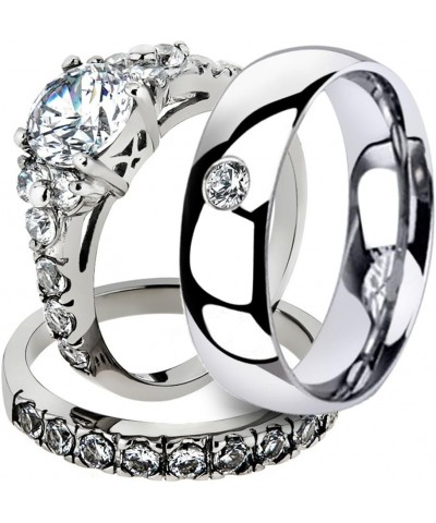 His and Her 3 Piece Stainless Steel 2.50 Carat Cubic Zirconia Bridal Set and Men's Wedding Band Women's Size 07 Men's Size 09...