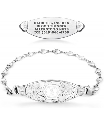 Custom Engraved Lovely Filigree Medical Alert ID Bracelets for Women with Heart Link Chains – Color/Size 7.0 Inches White $23...