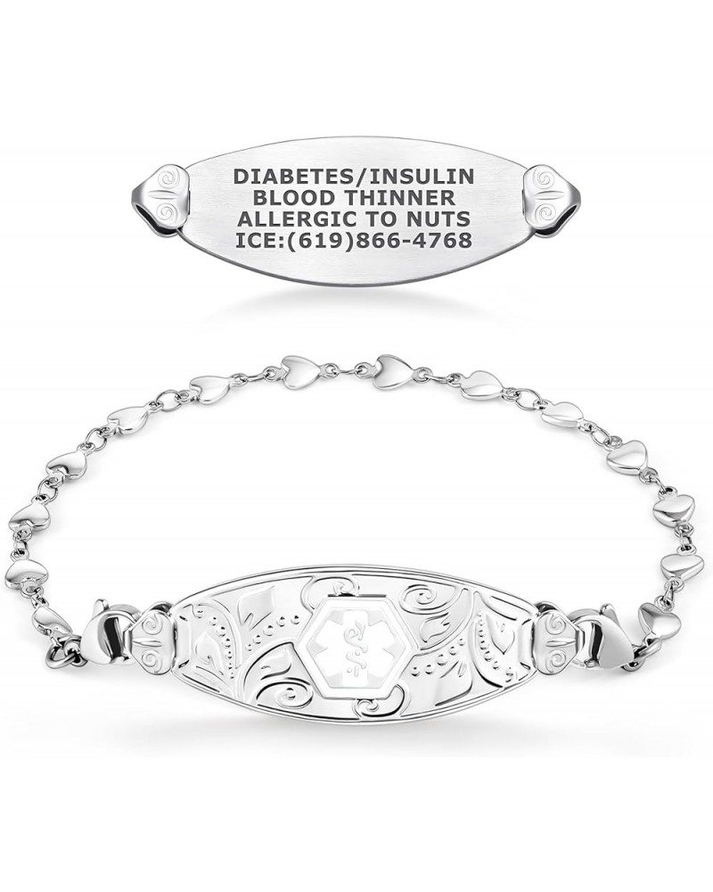 Custom Engraved Lovely Filigree Medical Alert ID Bracelets for Women with Heart Link Chains – Color/Size 7.0 Inches White $23...