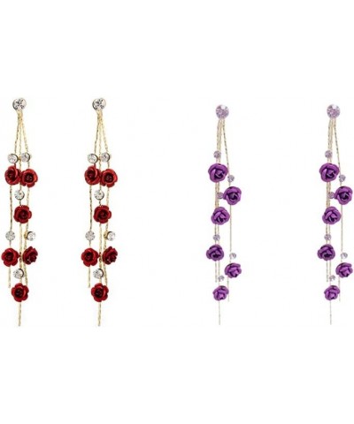 2 Pairs Se tVintage Red 3D Rose Long Tassel Chain Red Purple Rose Flower Dangle Drop Stud Earrings with White Sparkly Crystal...