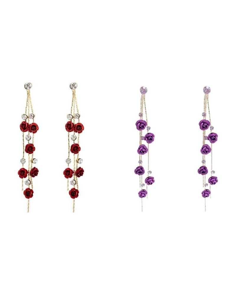 2 Pairs Se tVintage Red 3D Rose Long Tassel Chain Red Purple Rose Flower Dangle Drop Stud Earrings with White Sparkly Crystal...