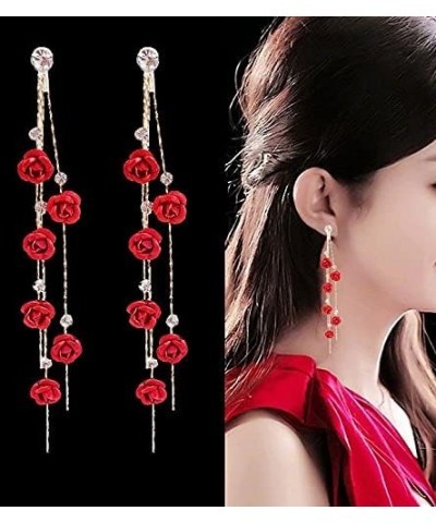 2 Pairs Se tVintage Red 3D Rose Long Tassel Chain Red Purple Rose Flower Dangle Drop Stud Earrings with White Sparkly Crystal...