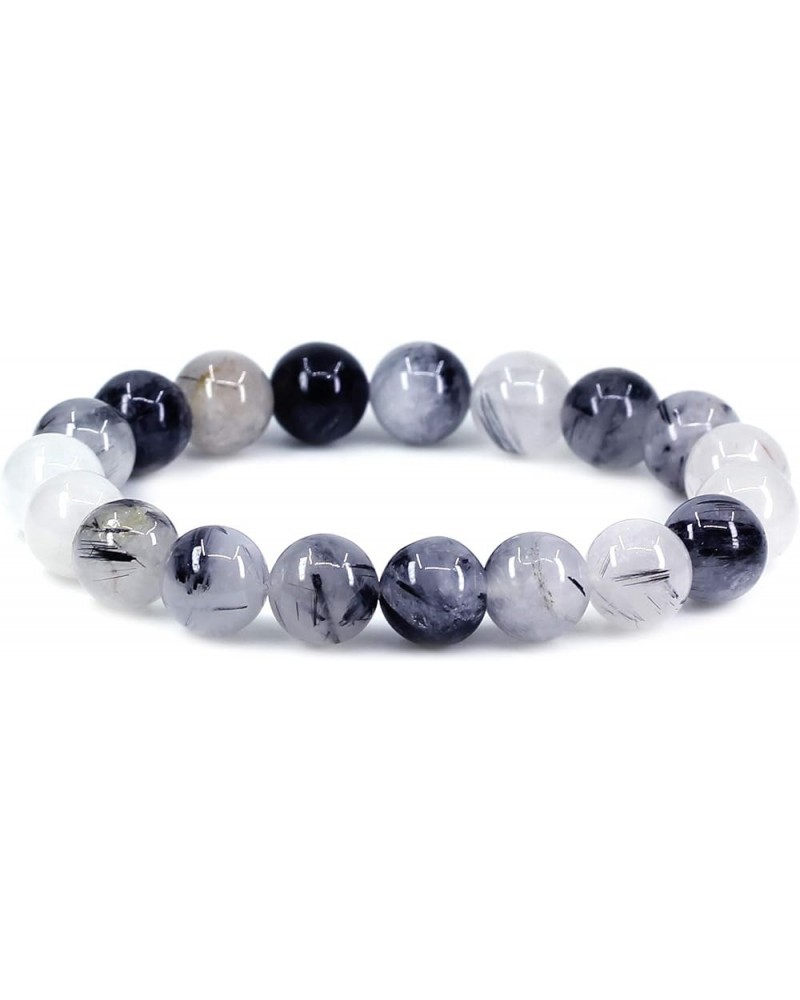 Natural Gemstone 10mm Round Beads Stretch Bracelet 7 Inch Black Rutilated Quartz $10.44 Bracelets