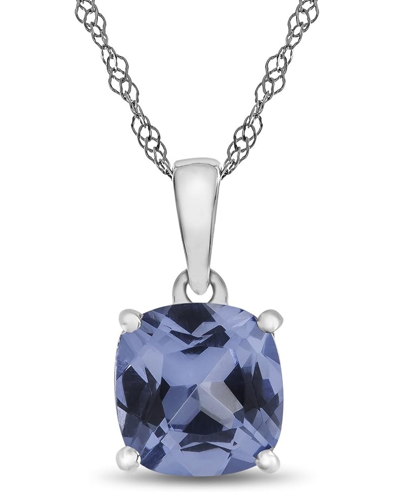 Solid 10k White Gold 7mm Cushion-Cut Center Stone Pendant Necklace Simulated Aquamarine $44.55 Necklaces