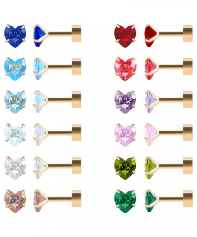 12 Pairs Flat Back Stud Earrings for Women, Screw Back Surgical Stainless Steel Stud Earrings, 18K Gold Plated Silver Heart S...