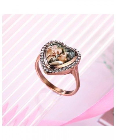 Custom Ring for Women with Photo Stainless Steel Heart Shaped Ring with Cubic Stone Silver/Gold/Rose Gold Promise Ring Annive...