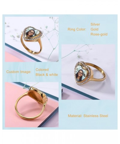 Custom Ring for Women with Photo Stainless Steel Heart Shaped Ring with Cubic Stone Silver/Gold/Rose Gold Promise Ring Annive...