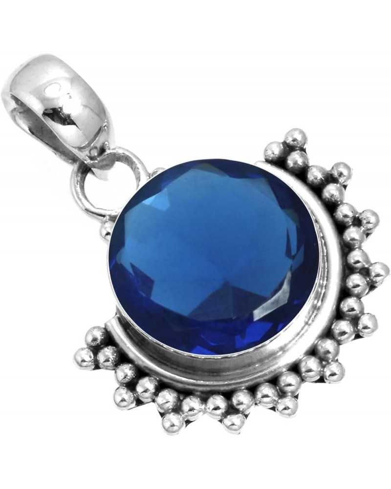 925 Sterling Silver Handmade Pendant for Women 12 MM Round Gemstone Statement Jewelry for Gift (99583_P) Blue Sapphire Simula...