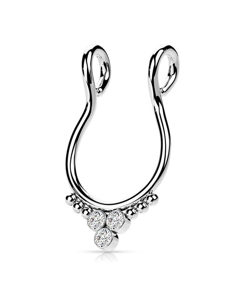 18GA 316L Stainless Steel Triple CZ Crystal and Ball Clusters Fake Septum Ring Silver Tone $11.14 Body Jewelry