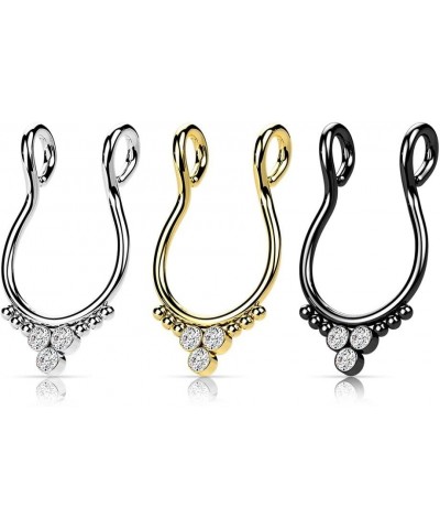 18GA 316L Stainless Steel Triple CZ Crystal and Ball Clusters Fake Septum Ring Silver Tone $11.14 Body Jewelry