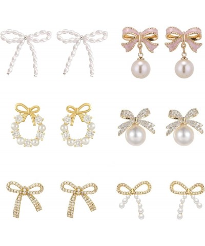 Gold Bow Earrings Set Golden Silver Ribbon Stud Earrings for Women Girls Christmas Gift 4 Pair Pearl Bow 6 $9.35 Earrings