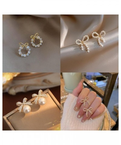 Gold Bow Earrings Set Golden Silver Ribbon Stud Earrings for Women Girls Christmas Gift 4 Pair Pearl Bow 6 $9.35 Earrings