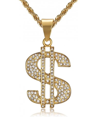 CZ Fully Dollar Sign Pendant Punk Rock Stainless Steel Necklace, 24 inch Chain Hip Hop One Hundred Dollar Bill Halloween Jewe...