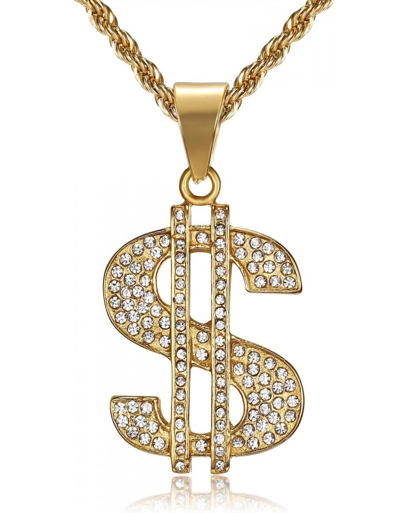 CZ Fully Dollar Sign Pendant Punk Rock Stainless Steel Necklace, 24 inch Chain Hip Hop One Hundred Dollar Bill Halloween Jewe...