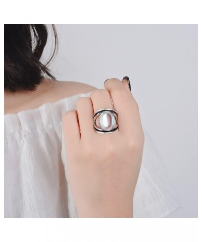 Simple Huge Oval Gemstone Vintage Boho Silver Jewelry for Gift,Moonstone Chunky Wide Band Ring for Women (US size 9) US size ...