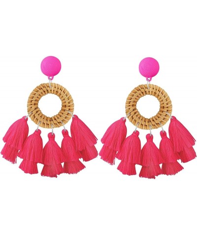 Rattan Tassel Earrings for Women Bohemian Statement Handmade Woven Drop Dangle Earrings B:Red-Round $8.84 Earrings