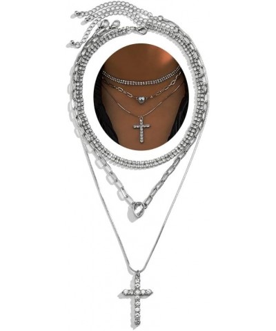 Cross Necklace Silver Rhinestone Tennis Necklaces Link Chain Layered Necklaces Gifts for Women 3Pcs $8.69 Necklaces