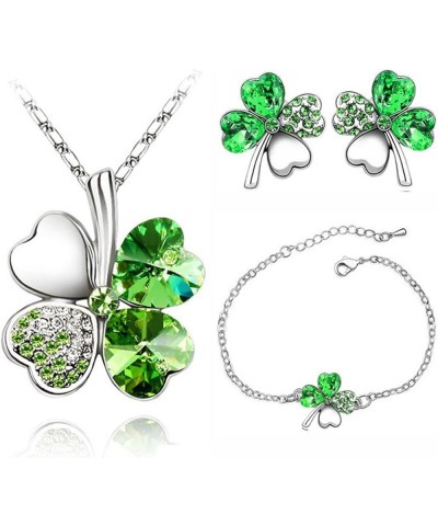 Four Leaf Clover Jewelry Set, Lucky Four Clover Heart Necklace Earrings and Bracelet Green Four Clover Crystal Set Irish Jewe...