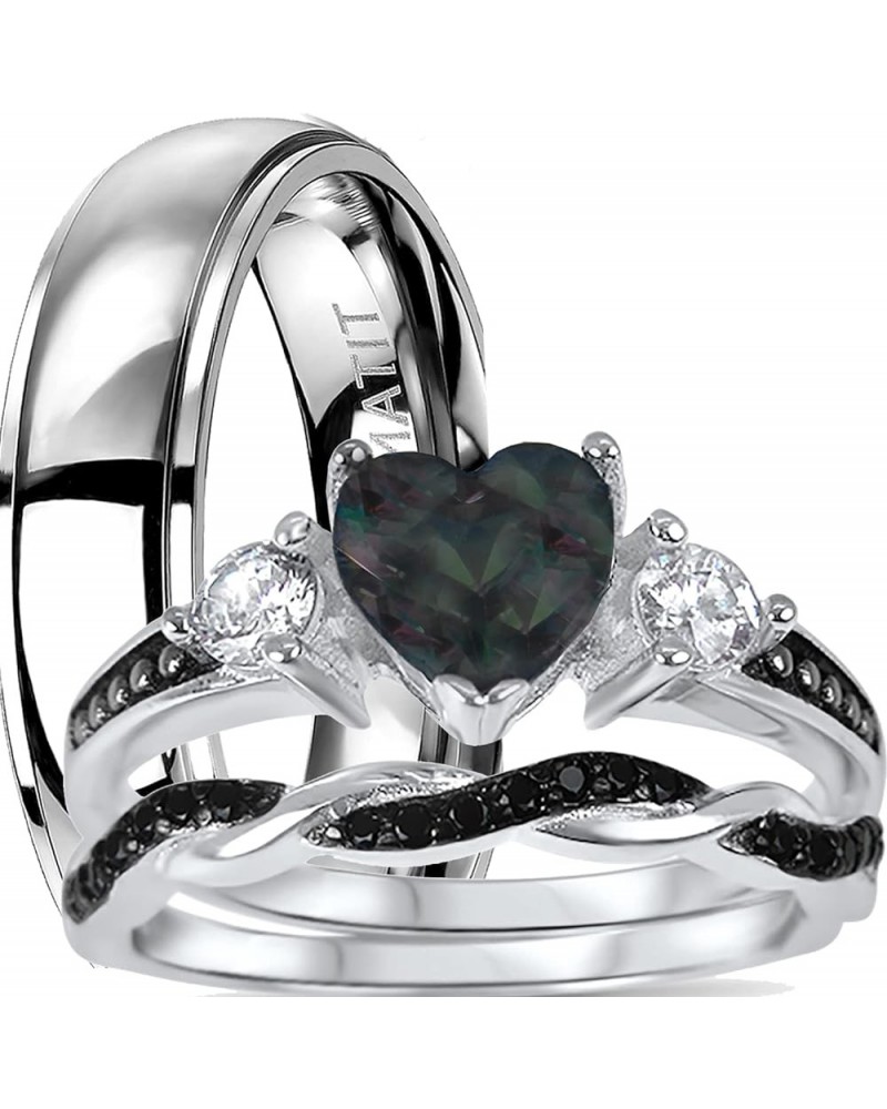 His Hers Wedding Ring Set TRIO 3 PCS Simulated Black Topaz Bridal Set Silver Black Titanium Him Her Her 8 - His 13 $49.39 Sets