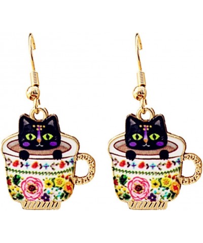 Black Cat Earrings Gold Plated Funny Cute Enamel Coffee Cup Catoon Kitten Animal Pet Lightweight Kawaii Dangle Drop Earrings ...