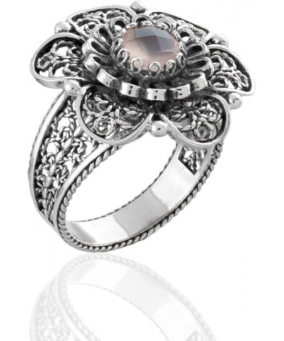 925 Sterling Silver Filigree Art Sunflower Design Gemstone Woman Cocktail Ring, Gift Boxed Pink Chalcedony $25.97 Rings