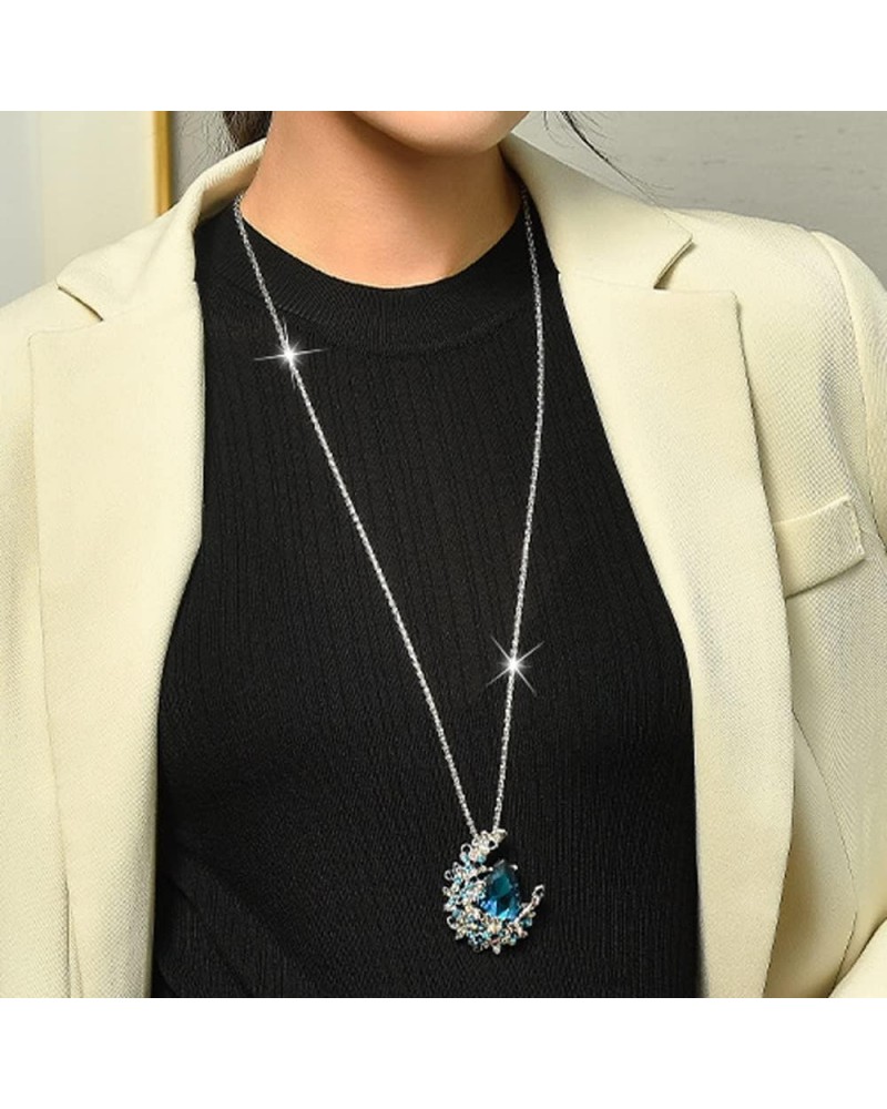 Blue Moon and Teardrop Pendant Long Necklace Statement Rhinestone Sweater Chain Choker Necklace Elegant Galaxy Jewelry Access...