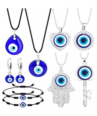 Evil Eye Necklace Pendant Love Heart Palm Key Necklace Bracelet Earrings Set Lucky Protection Ojo Turco Jewelry for Women Gir...