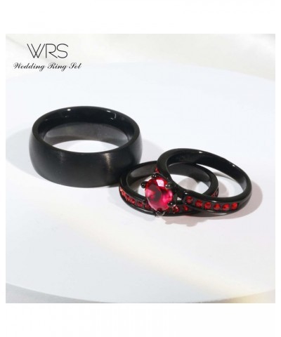 Two Rings His Hers Wedding Ring Sets Couples Matching Rings Women's 2pc Black Gold Filled Red CZ Wedding Engagement Ring Brid...