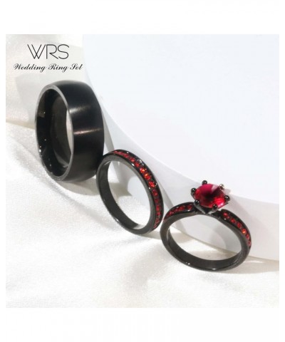 Two Rings His Hers Wedding Ring Sets Couples Matching Rings Women's 2pc Black Gold Filled Red CZ Wedding Engagement Ring Brid...