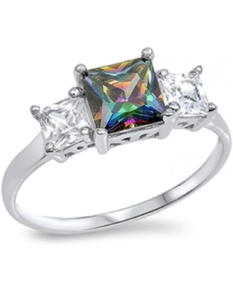 Princess Cut Cubic Zirconia Three Stones Ring Sterling Silver (Comes in Colors) Rainbow Simulated Topaz $12.45 Rings