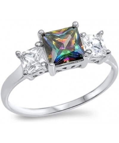 Princess Cut Cubic Zirconia Three Stones Ring Sterling Silver (Comes in Colors) Rainbow Simulated Topaz $12.45 Rings