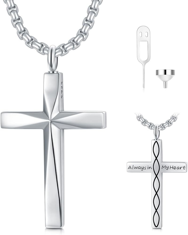 Sterling Silver Cross Urn Necklaces for Men & Women Cremation Memorial Pendant With 20"/22"/24"+2" Chain Exquisite Jewelry(wi...