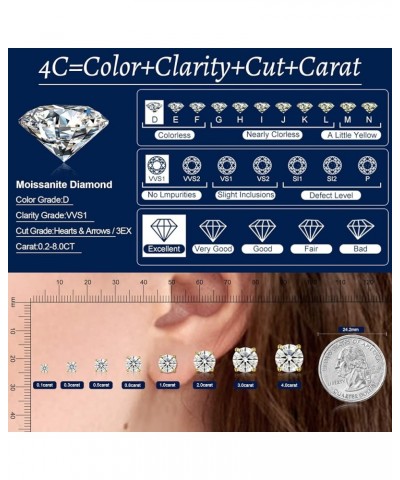 Moissanite Stud Earrings, 0.2CT-8.0CT a Pair Hypoallergenic Earrings D Color VVS1 Clarity Brilliant Round Cut Lab Created Moi...