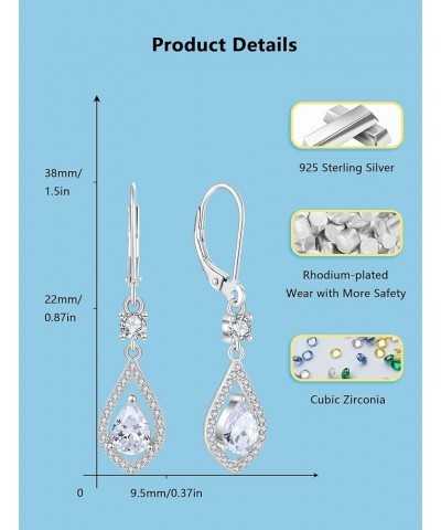 Teardrop Dangle Leverback Earrings for Women 925 Sterling Silver Rhodium Plated Pear Cubic Zirconia Birthstone Earring for Ho...