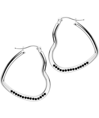 Womens Heart Shape Love Stainless Steel Large Statement Hoop Earrings Silver & Black Crystals 45mm $9.71 Earrings