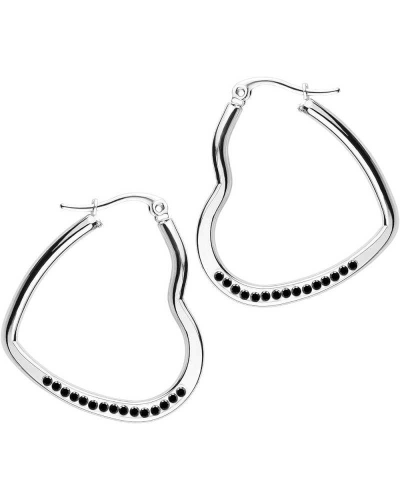 Womens Heart Shape Love Stainless Steel Large Statement Hoop Earrings Silver & Black Crystals 45mm $9.71 Earrings