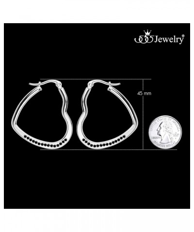 Womens Heart Shape Love Stainless Steel Large Statement Hoop Earrings Silver & Black Crystals 45mm $9.71 Earrings