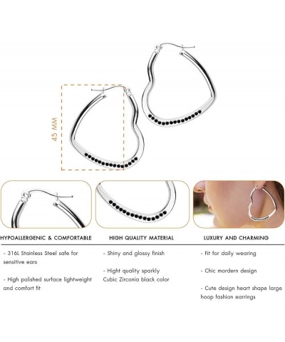 Womens Heart Shape Love Stainless Steel Large Statement Hoop Earrings Silver & Black Crystals 45mm $9.71 Earrings